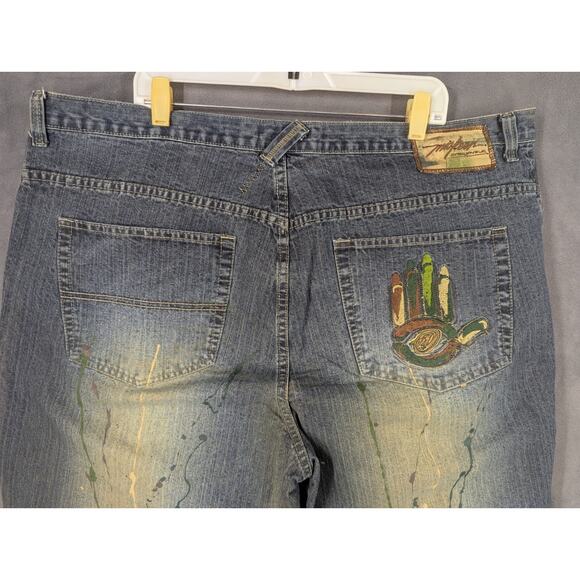 Vintage Miskeen Jeans Mens 44x33.5 Blue Denim Paint Y2K Grunge Skater Hip Hop - Picture 1 of 16